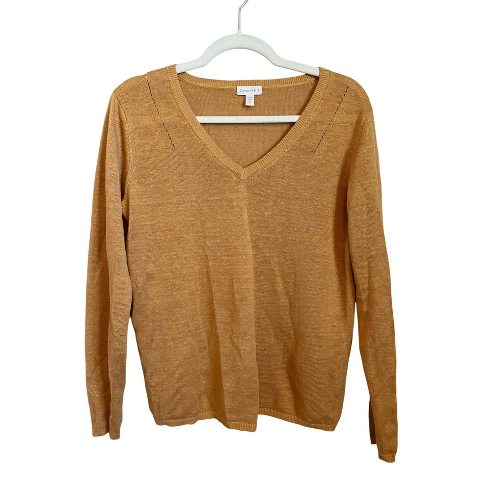 Garnet Hill Womens 100% Linen V-Neck‎ Sweater Ochre Yellow Pointelle Small